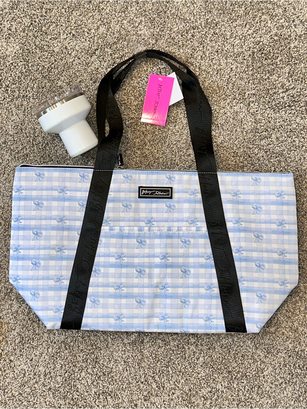 Betsey Johnson Blue Plaid Cooler Tote with Black Straps and Bow Print and Cup